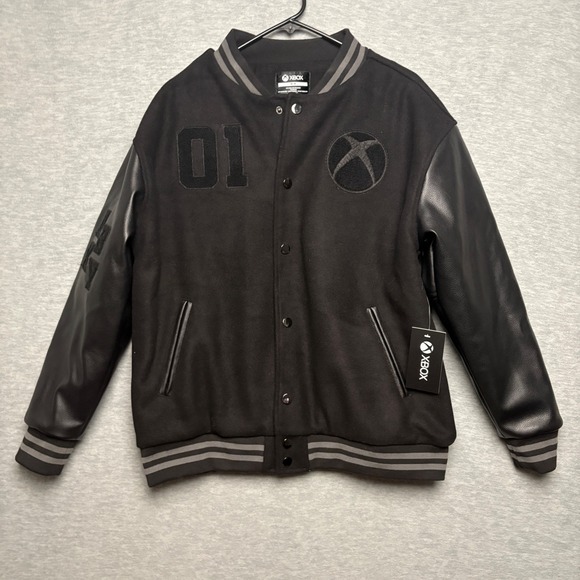 New Vintage Xbox Black Varsity Letterman Vegan Leather Wool Jacket Rare‎ Men M